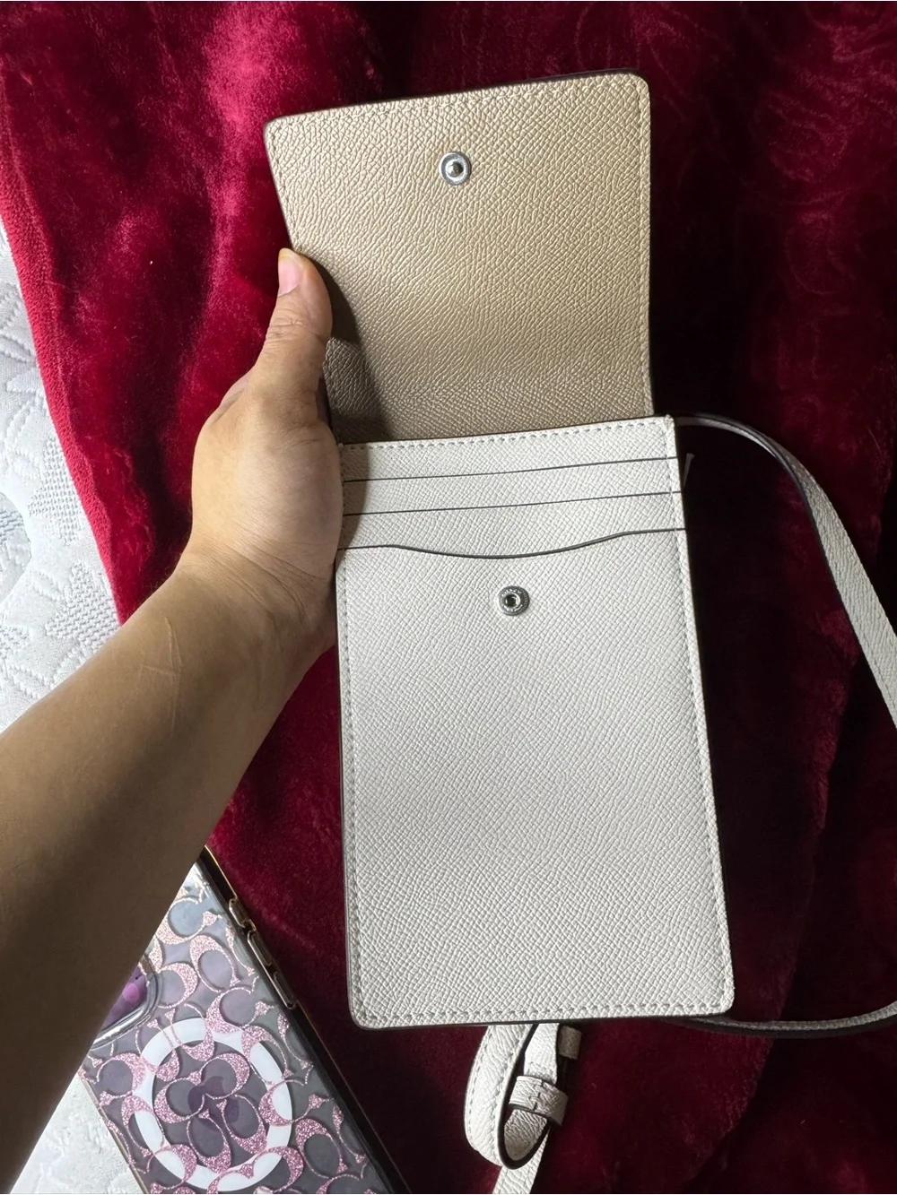 Coach White Leather Crossbody Phone Case with Adjustable Strap